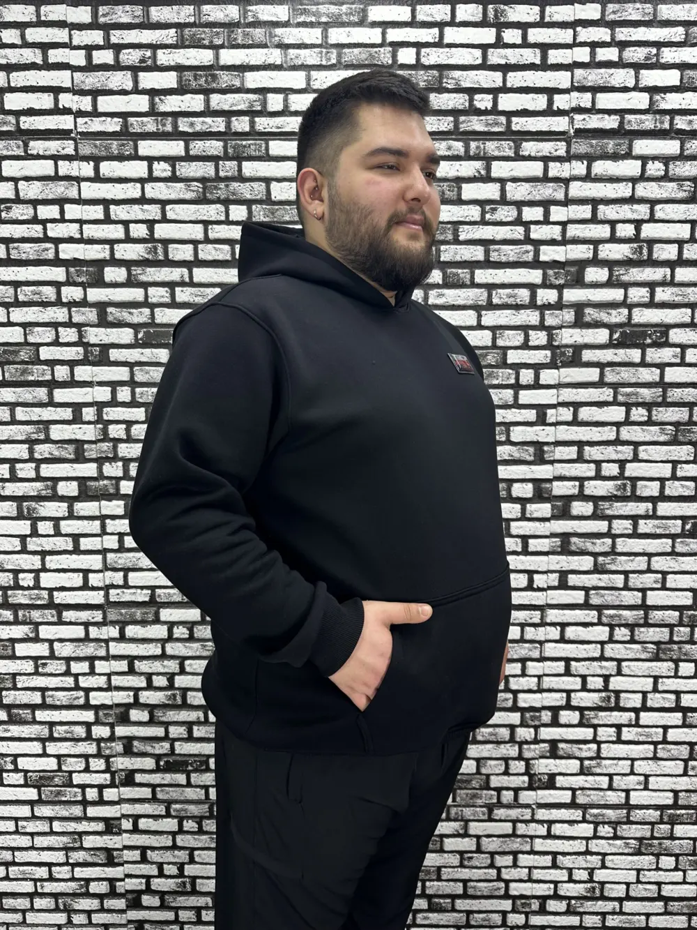 Büyük Beden Erkek 3 İplik Şardonlu Kapüşonlu Kanguru Cepli Dikiş Amblem Sweat 5 Renk