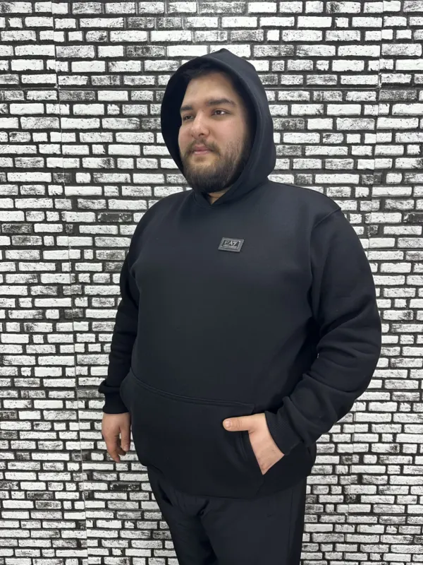 Büyük Beden Erkek 3 İplik Şardonlu Kapüşonlu Kanguru Cepli Dikiş Amblem Sweat 5 Renk