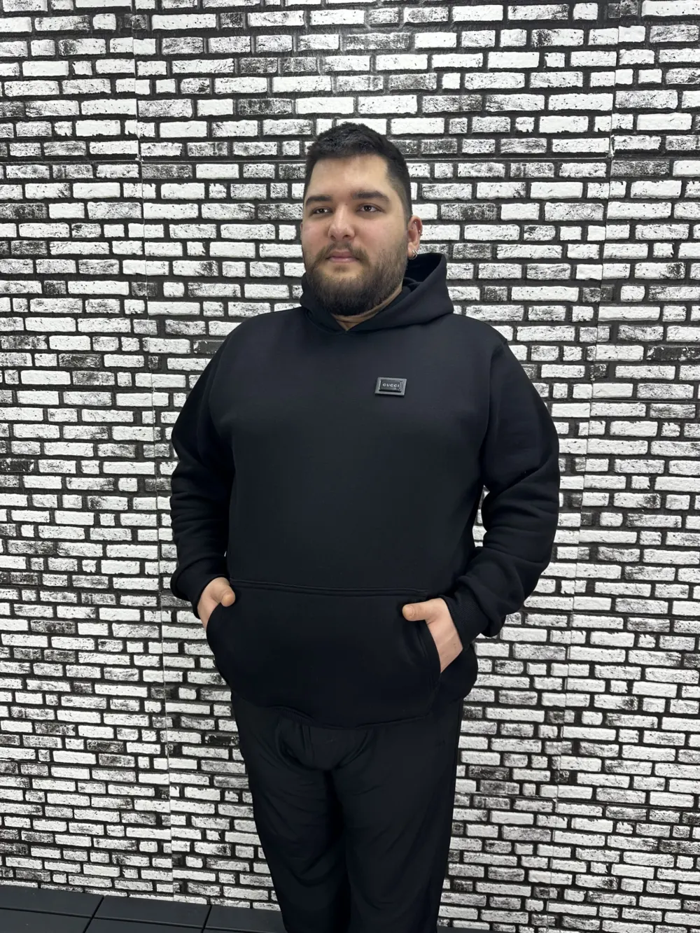 Büyük Beden Erkek 3 İplik Şardonlu Kapüşonlu Kanguru Cepli Dikiş Amblem Sweat 5 Renk