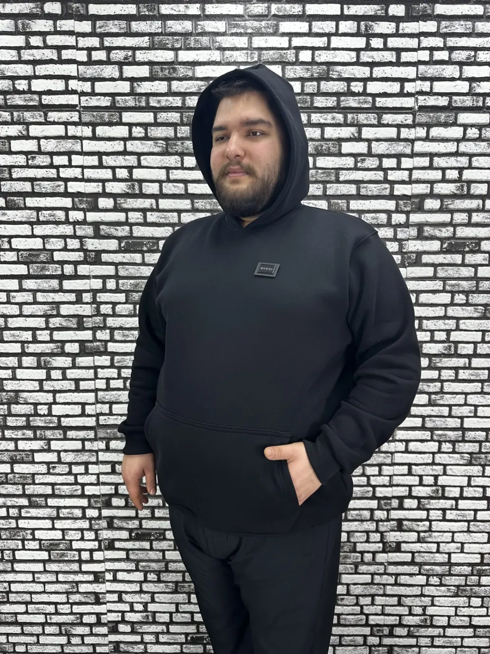 Büyük Beden Erkek 3 İplik Şardonlu Kapüşonlu Kanguru Cepli Dikiş Amblem Sweat 5 Renk