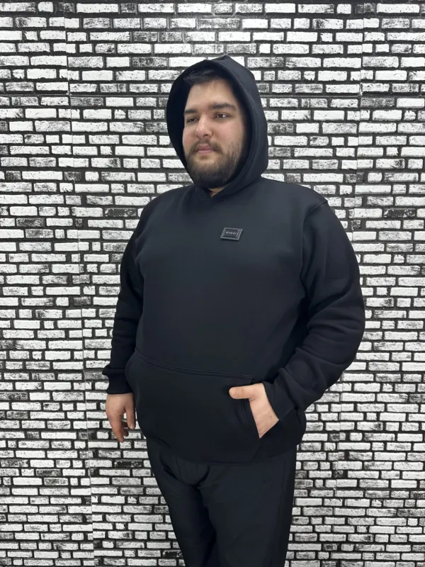Büyük Beden Erkek 3 İplik Şardonlu Kapüşonlu Kanguru Cepli Dikiş Amblem Sweat 5 Renk
