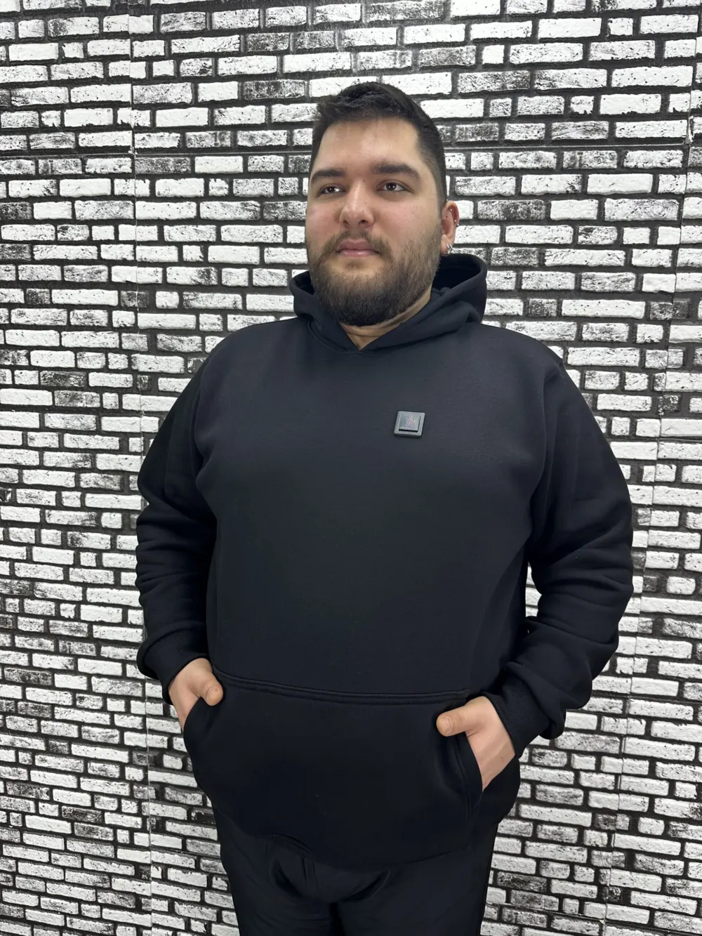 Büyük Beden Erkek 3 İplik Şardonlu Kapüşonlu Kanguru Cepli Dikiş Amblem Sweat 5 Renk