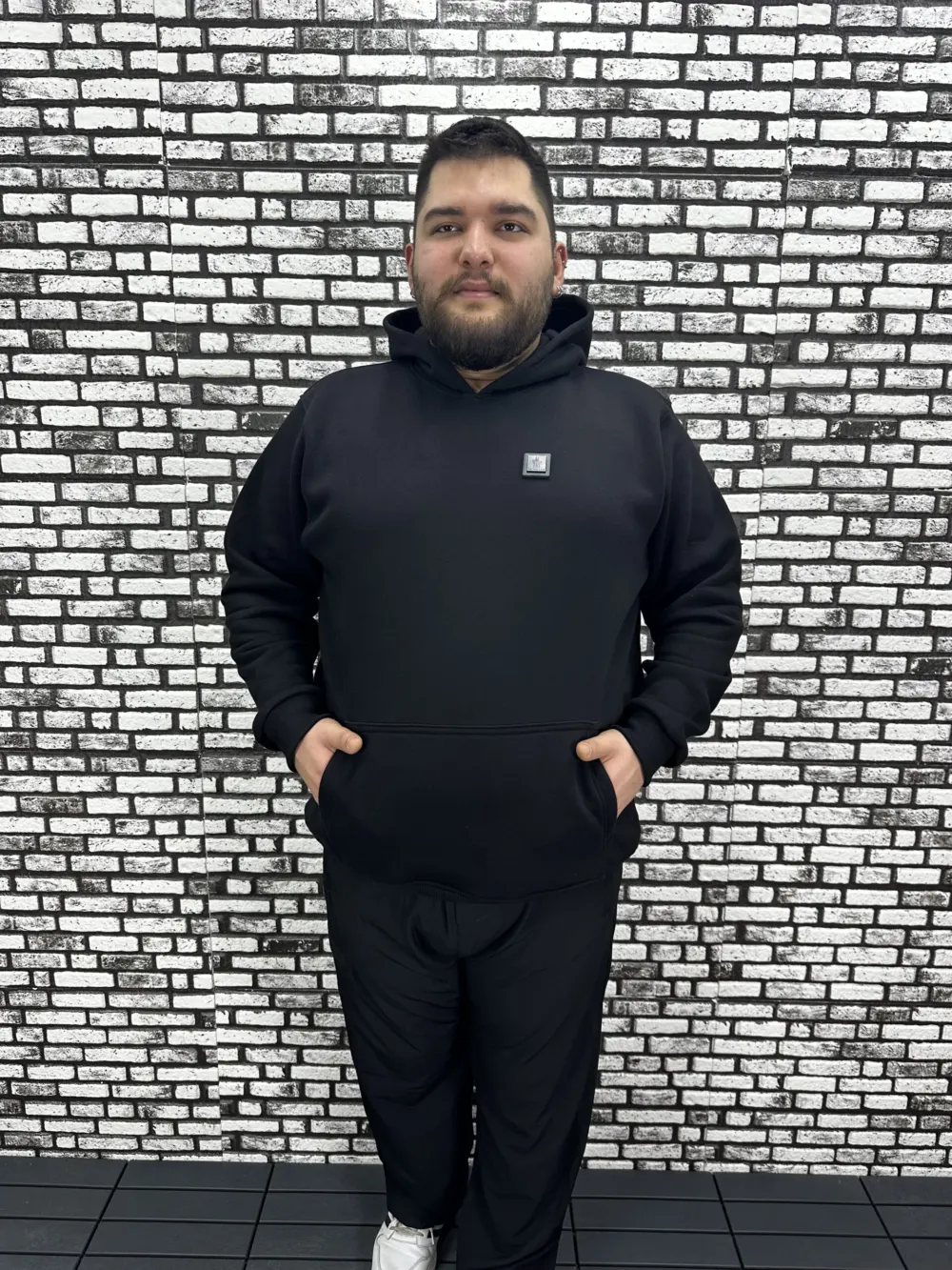Büyük Beden Erkek 3 İplik Şardonlu Kapüşonlu Kanguru Cepli Dikiş Amblem Sweat 5 Renk