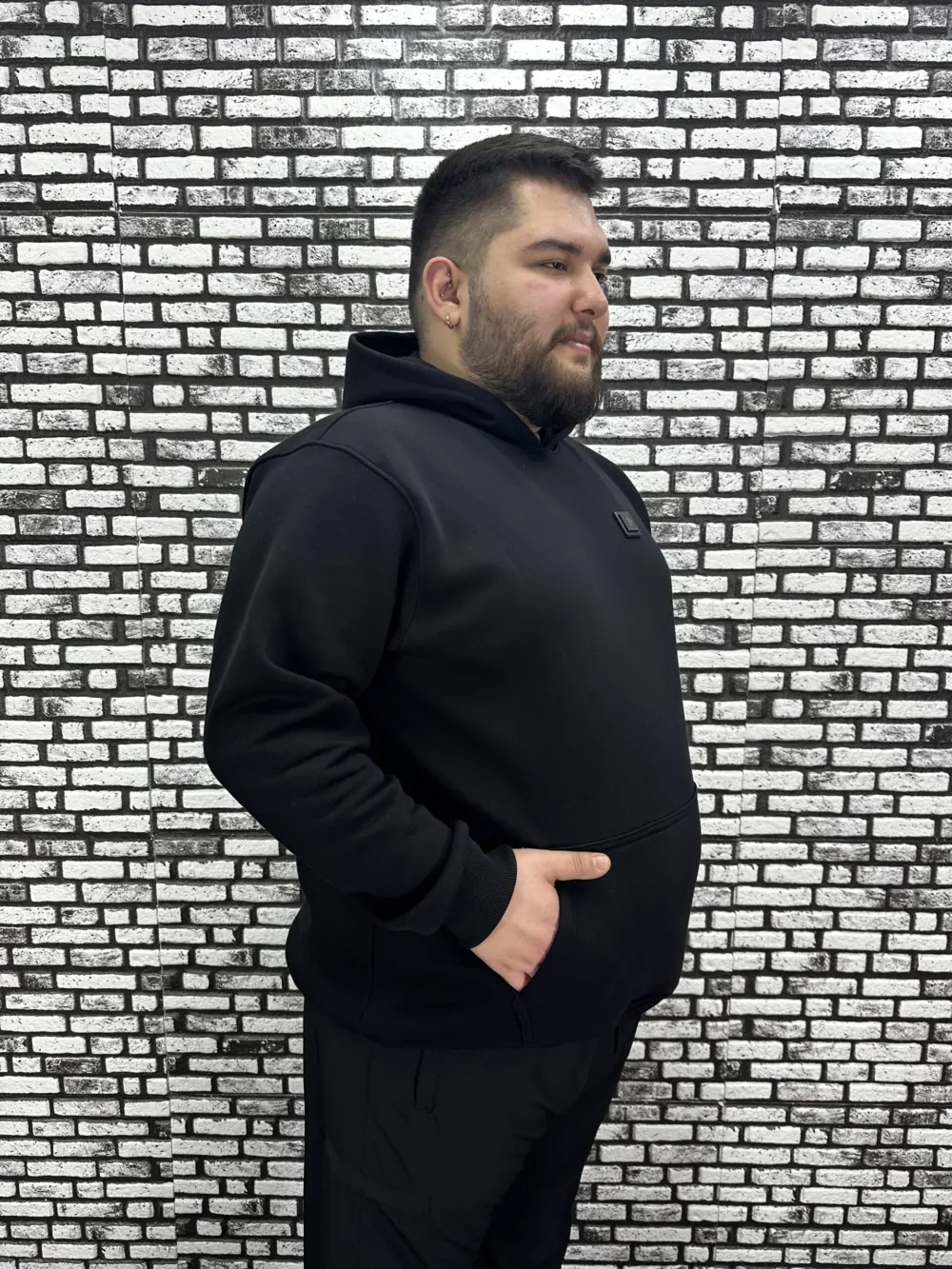 Büyük Beden Erkek 3 İplik Şardonlu Kapüşonlu Kanguru Cepli Dikiş Amblem Sweat 5 Renk