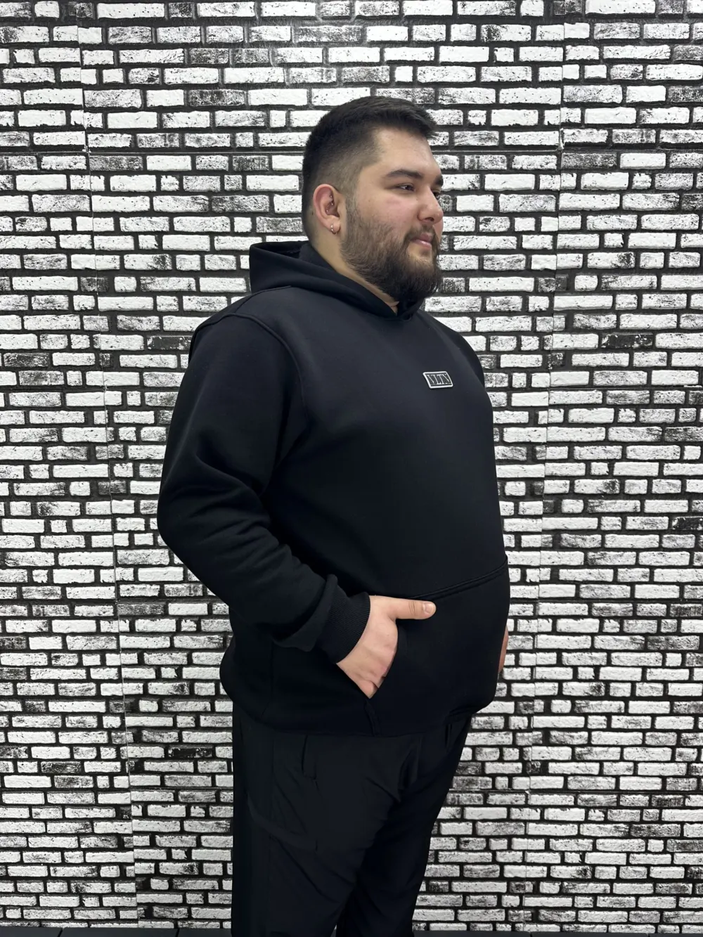 Büyük Beden Erkek 3 İplik Şardonlu Kapüşonlu Kanguru Cepli Dikiş Amblem Sweat 5 Renk