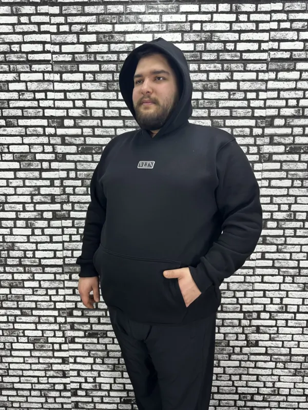 Büyük Beden Erkek 3 İplik Şardonlu Kapüşonlu Kanguru Cepli Dikiş Amblem Sweat 5 Renk