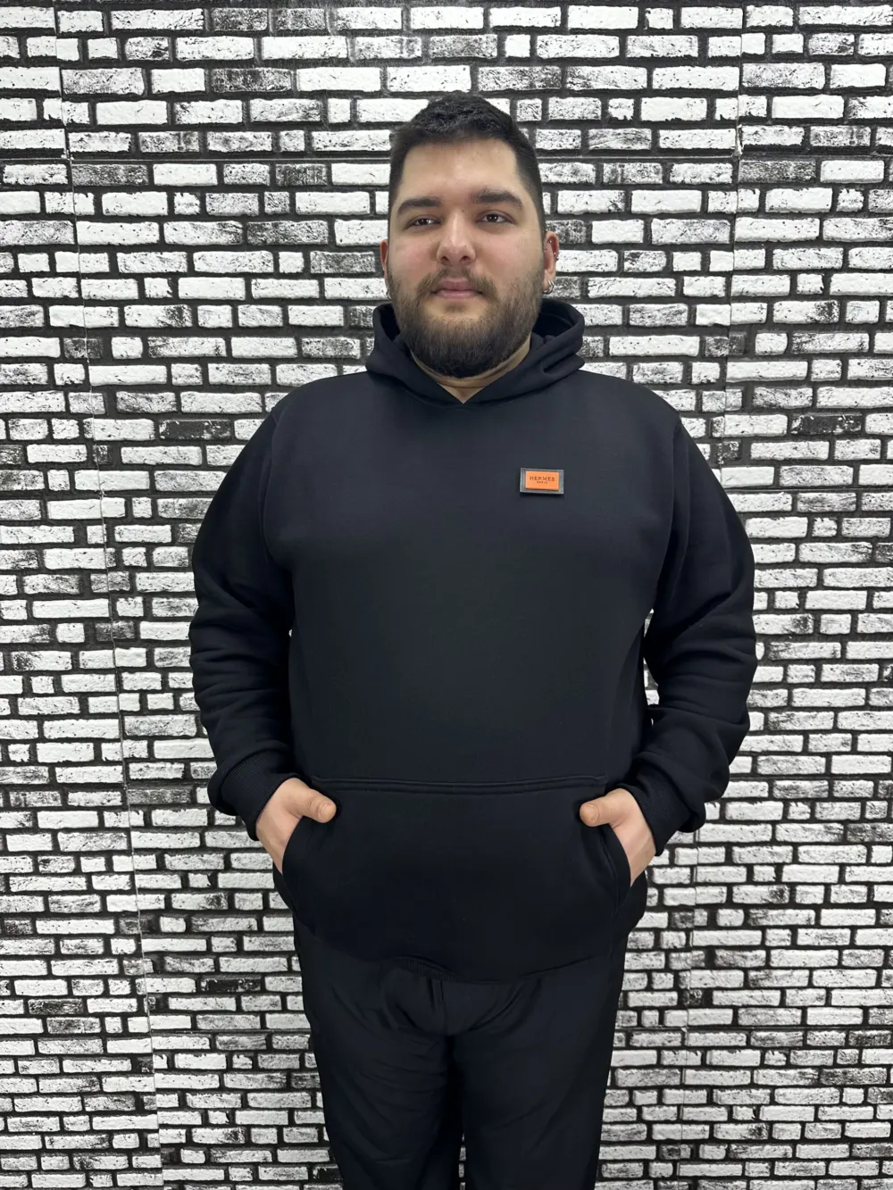 Büyük Beden Erkek 3 İplik Şardonlu Kapüşonlu Kanguru Cepli Dikiş Amblem Sweat 5 Renk