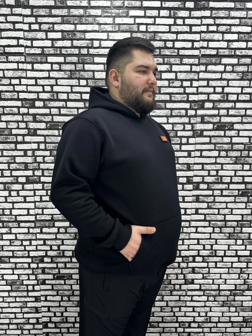 Büyük Beden Erkek 3 İplik Şardonlu Kapüşonlu Kanguru Cepli Dikiş Amblem Sweat 5 Renk