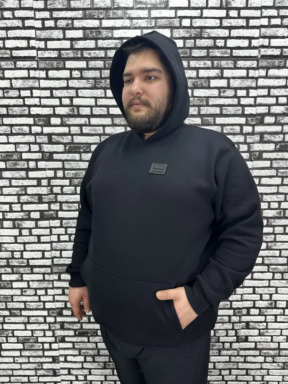 Büyük Beden Erkek 3 İplik Şardonlu Kapüşonlu Kanguru Cepli Dikiş Amblem Sweat 5 Renk