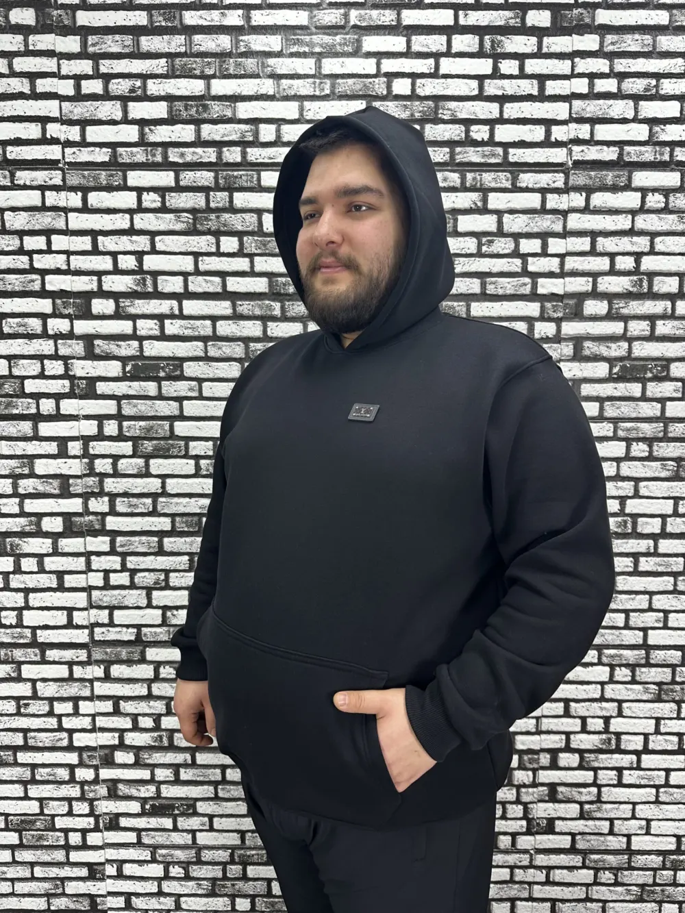 Büyük Beden Erkek 3 İplik Şardonlu Kapüşonlu Kanguru Cepli Dikiş Amblem Sweat 5 Renk