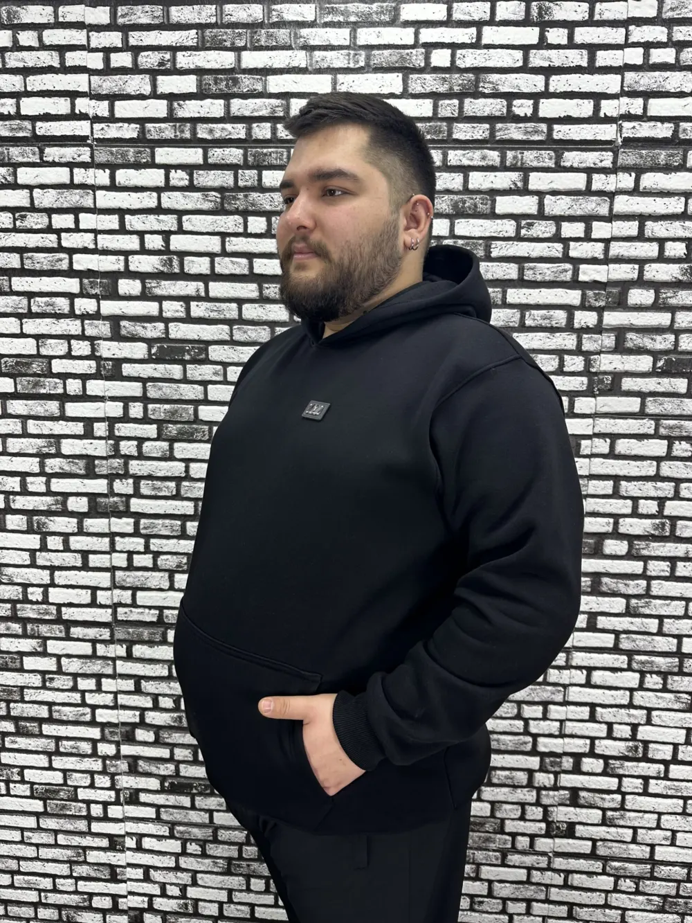 Büyük Beden Erkek 3 İplik Şardonlu Kapüşonlu Kanguru Cepli Dikiş Amblem Sweat 5 Renk