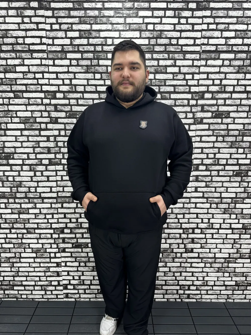 Büyük Beden Erkek 3 İplik Şardonlu Kapüşonlu Kanguru Cepli Dikiş Amblem Sweat 5 Renk
