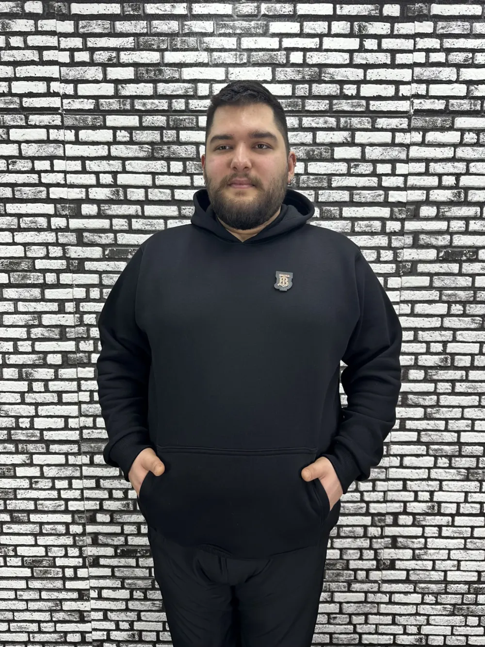 Büyük Beden Erkek 3 İplik Şardonlu Kapüşonlu Kanguru Cepli Dikiş Amblem Sweat 5 Renk