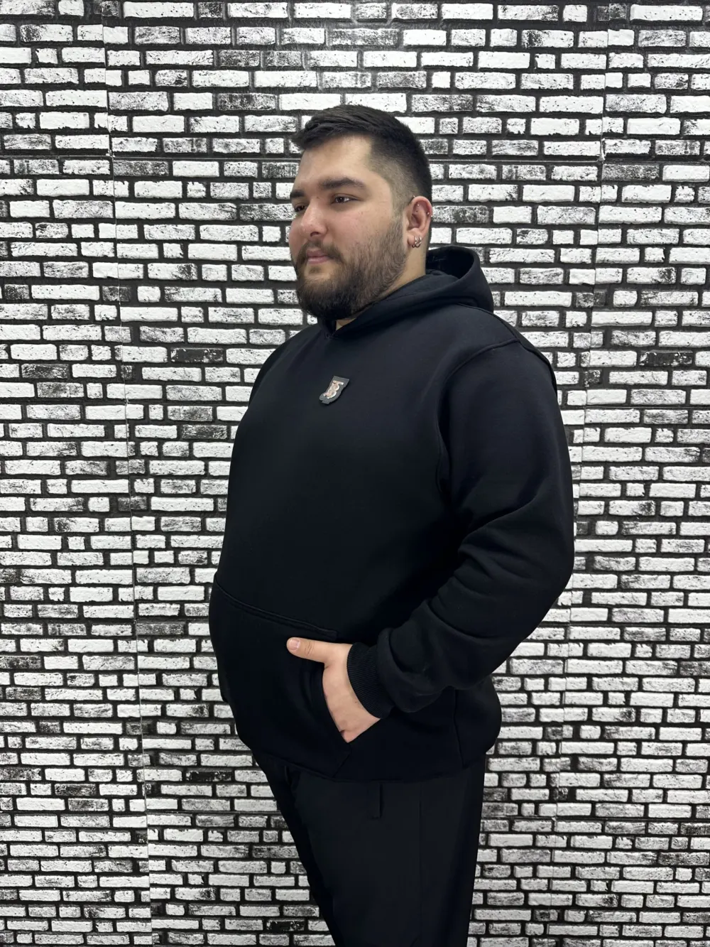 Büyük Beden Erkek 3 İplik Şardonlu Kapüşonlu Kanguru Cepli Dikiş Amblem Sweat 5 Renk
