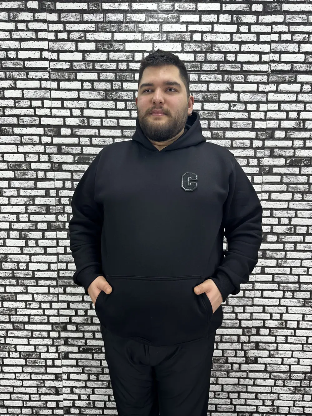 Büyük Beden Erkek 3 İplik Şardonlu Kapüşonlu Kanguru Cepli Dikiş Amblem Sweat 5 Renk