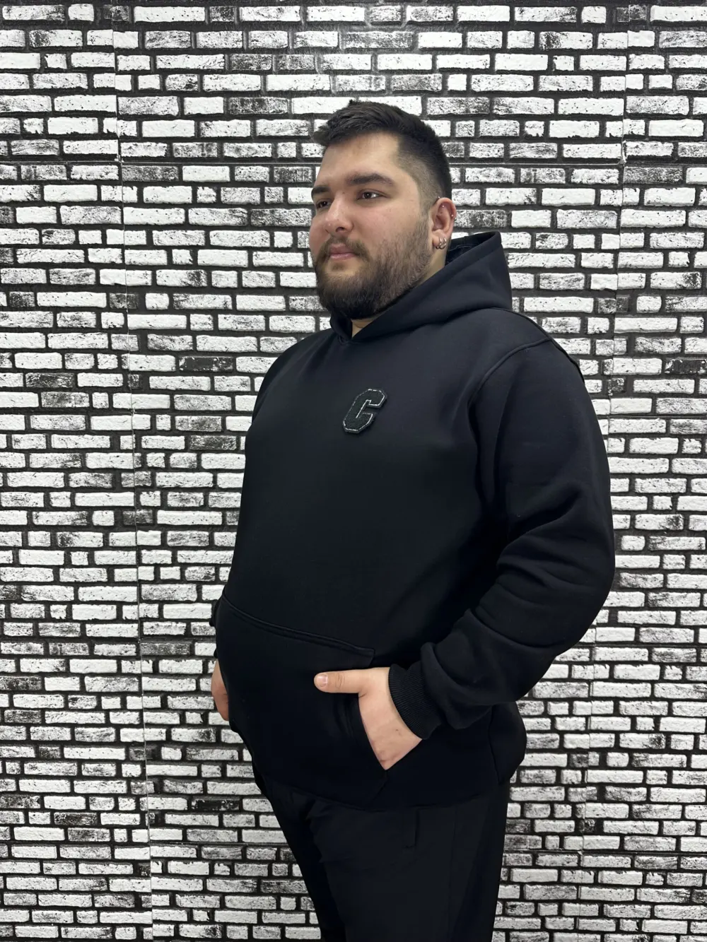 Büyük Beden Erkek 3 İplik Şardonlu Kapüşonlu Kanguru Cepli Dikiş Amblem Sweat 5 Renk