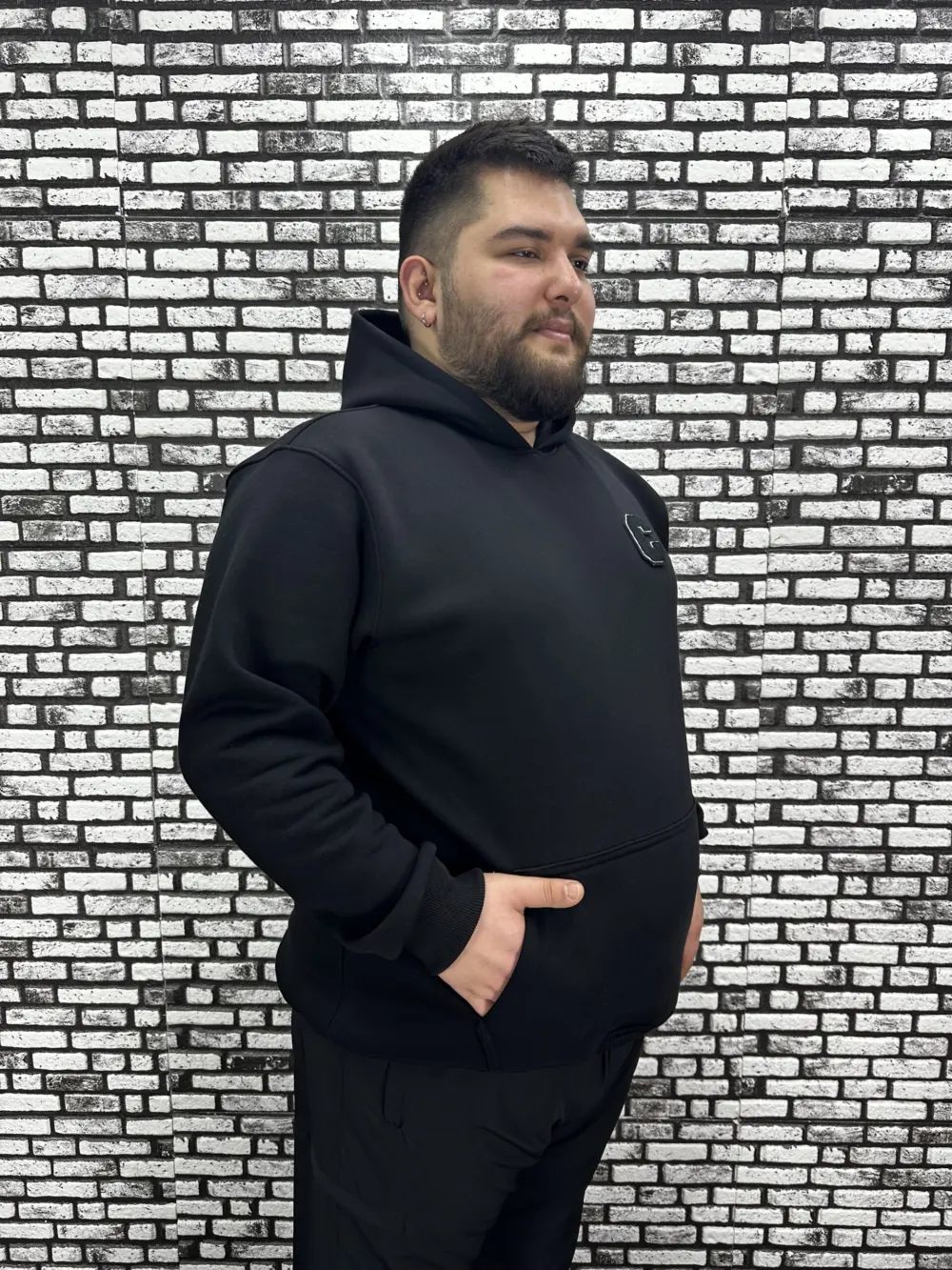 Büyük Beden Erkek 3 İplik Şardonlu Kapüşonlu Kanguru Cepli Dikiş Amblem Sweat 5 Renk