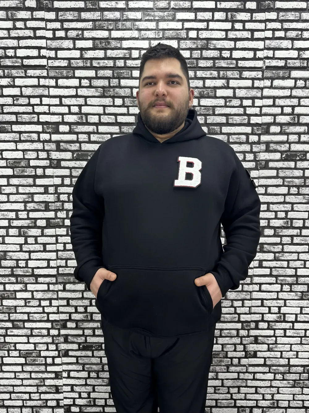 Büyük Beden Erkek 3 İplik Şardonlu Kapüşonlu Kanguru Cepli Dikiş Amblem Sweat 5 Renk