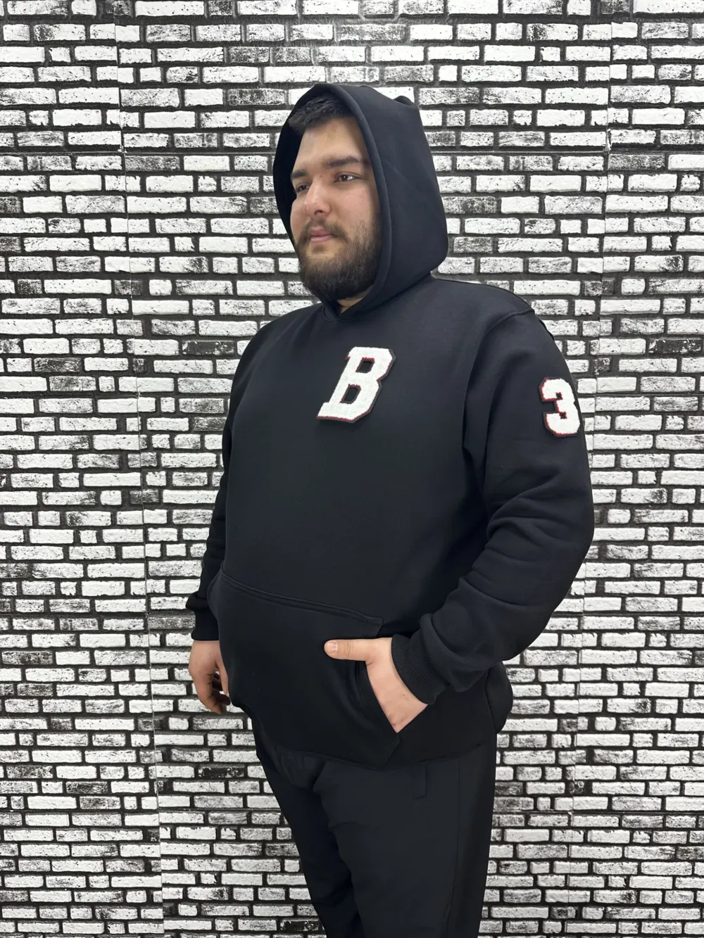 Büyük Beden Erkek 3 İplik Şardonlu Kapüşonlu Kanguru Cepli Dikiş Amblem Sweat 5 Renk