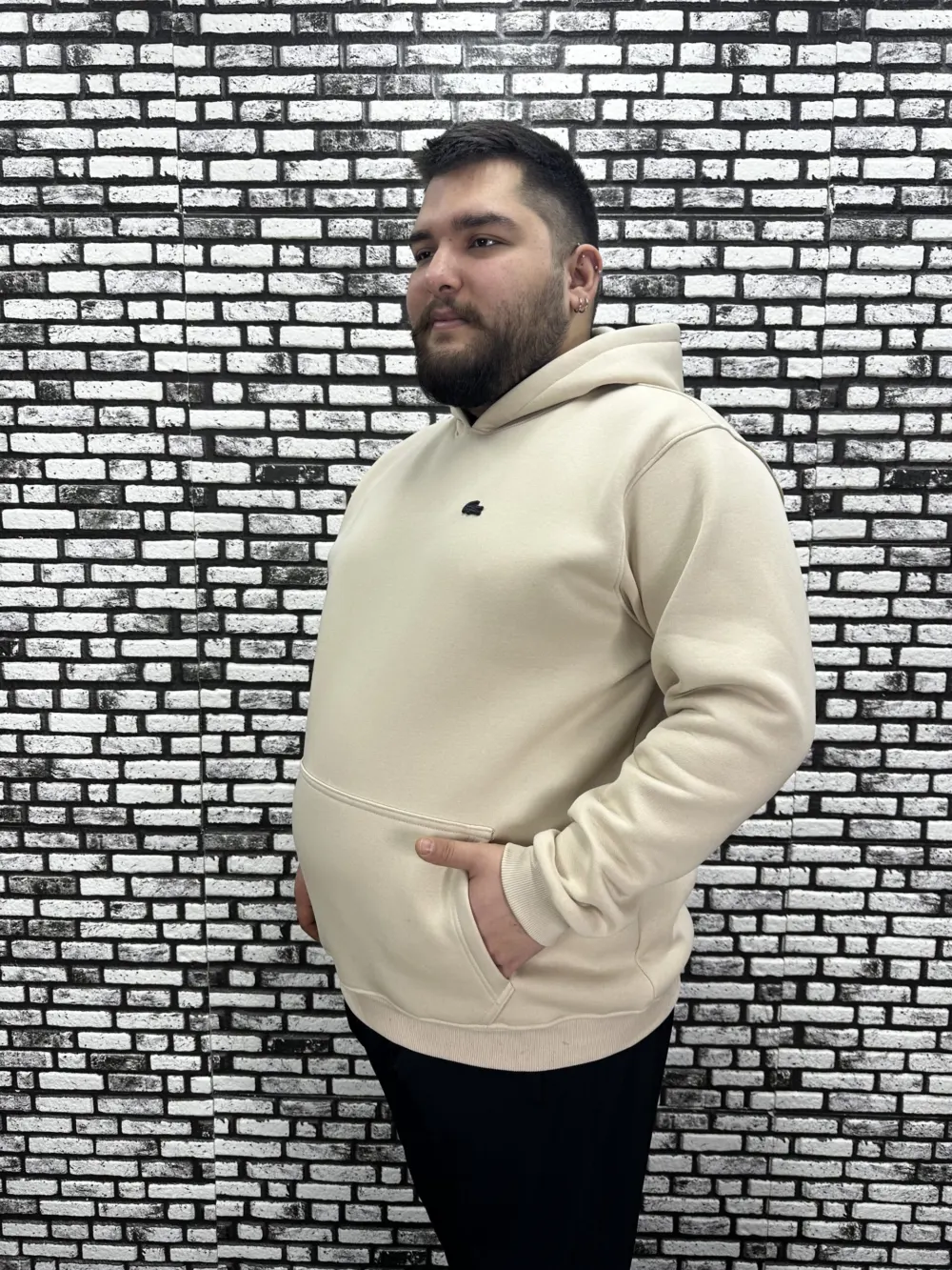 Büyük Beden Erkek 3 İplik Şardonlu Kapüşonlu Kanguru Cepli Dikiş Amblem Sweat 5 Renk