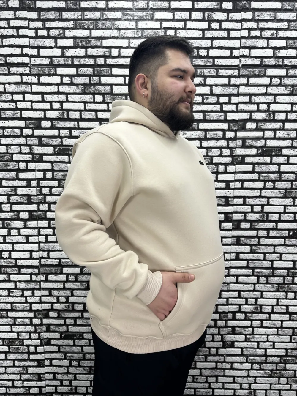 Büyük Beden Erkek 3 İplik Şardonlu Kapüşonlu Kanguru Cepli Dikiş Amblem Sweat 5 Renk