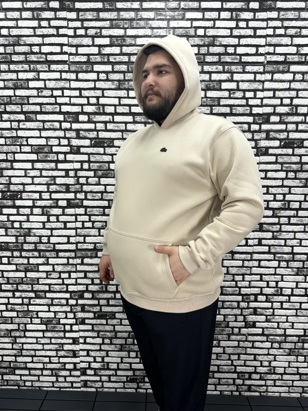 Büyük Beden Erkek 3 İplik Şardonlu Kapüşonlu Kanguru Cepli Dikiş Amblem Sweat 5 Renk