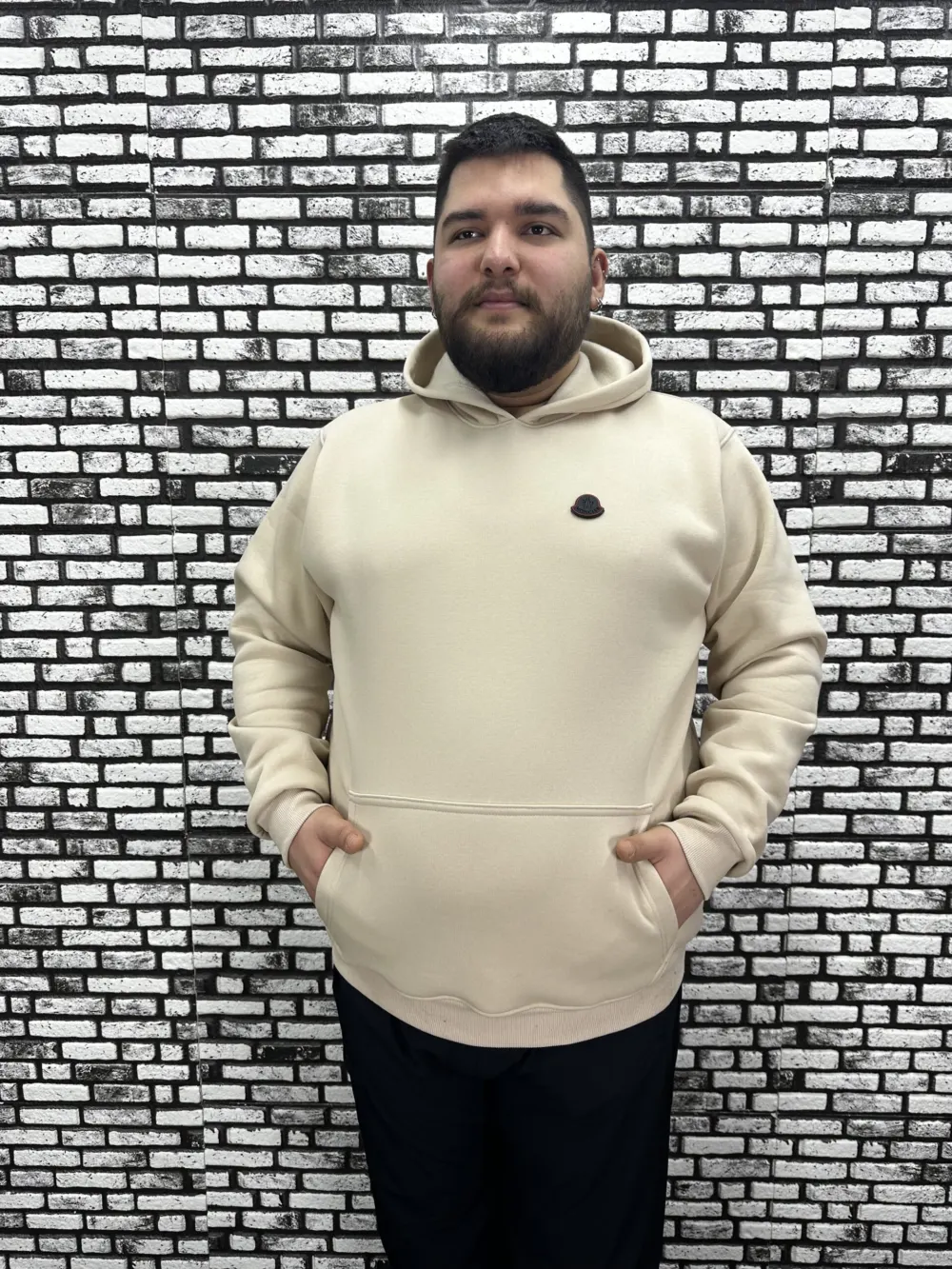 Büyük Beden Erkek 3 İplik Şardonlu Kapüşonlu Kanguru Cepli Dikiş Amblem Sweat 5 Renk