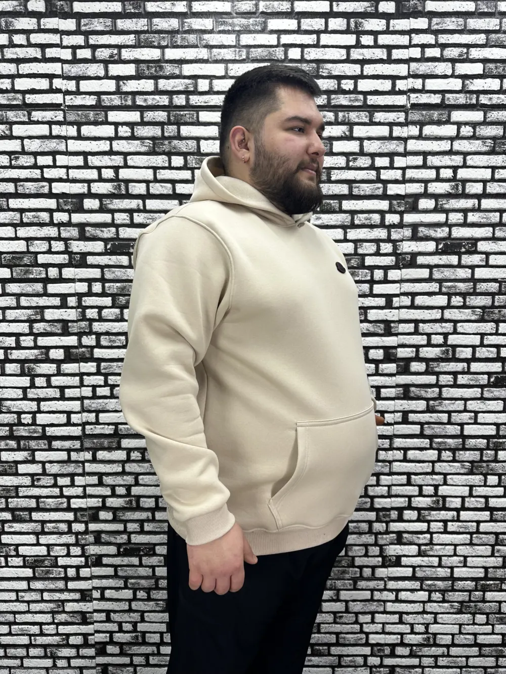 Büyük Beden Erkek 3 İplik Şardonlu Kapüşonlu Kanguru Cepli Dikiş Amblem Sweat 5 Renk