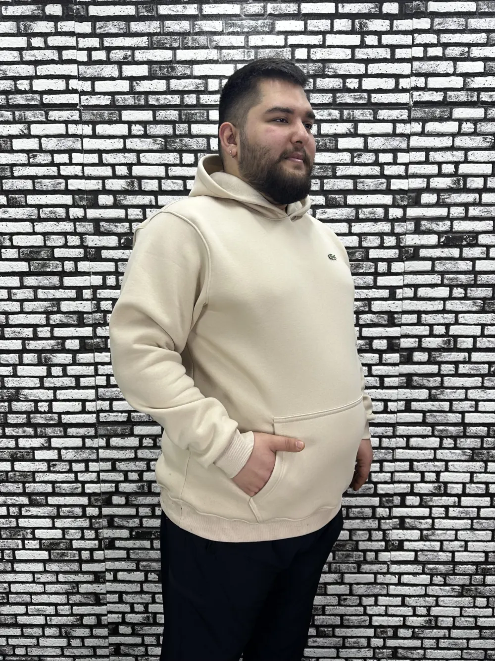 Büyük Beden Erkek 3 İplik Şardonlu Kapüşonlu Kanguru Cepli Dikiş Amblem Sweat 5 Renk