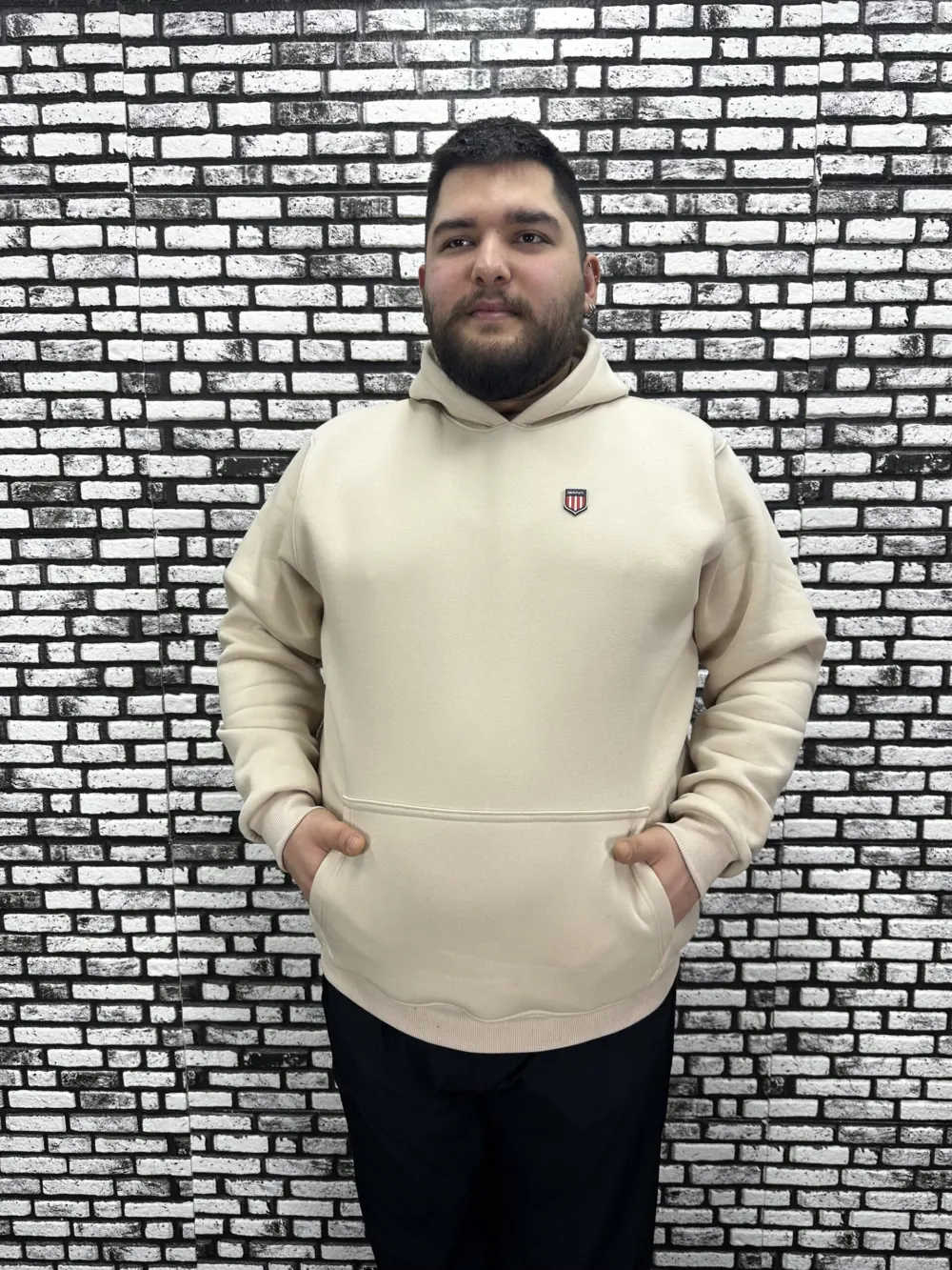 Büyük Beden Erkek 3 İplik Şardonlu Kapüşonlu Kanguru Cepli Dikiş Amblem Sweat 5 Renk