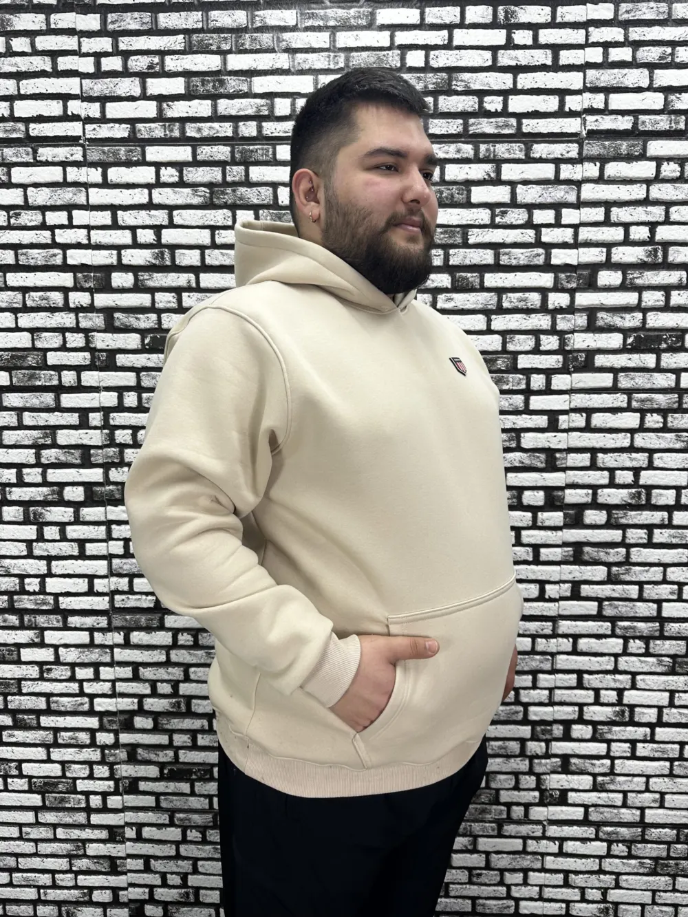 Büyük Beden Erkek 3 İplik Şardonlu Kapüşonlu Kanguru Cepli Dikiş Amblem Sweat 5 Renk