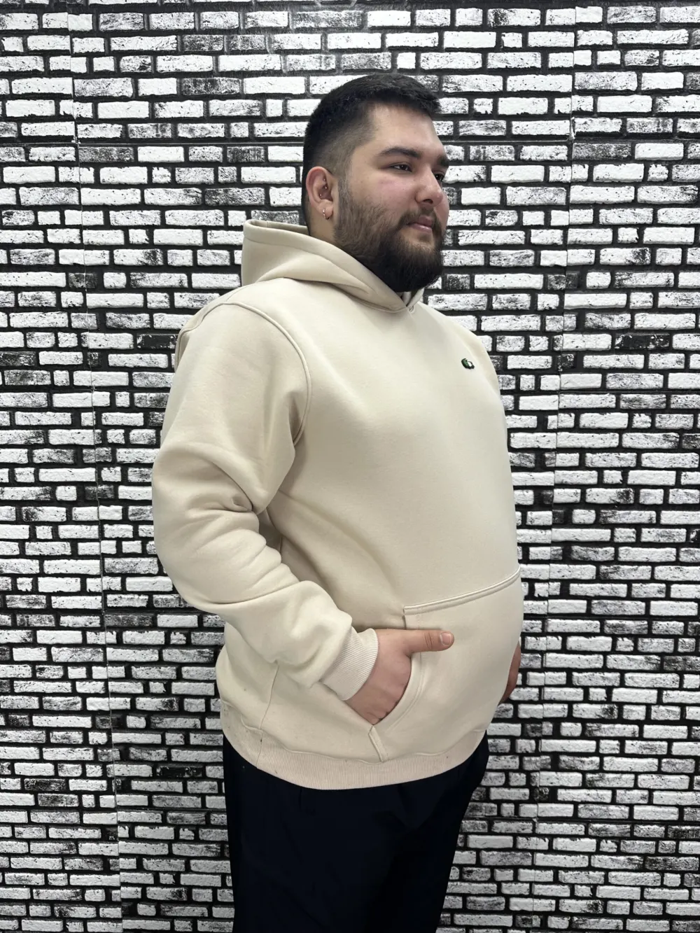 Büyük Beden Erkek 3 İplik Şardonlu Kapüşonlu Kanguru Cepli Dikiş Amblem Sweat 5 Renk