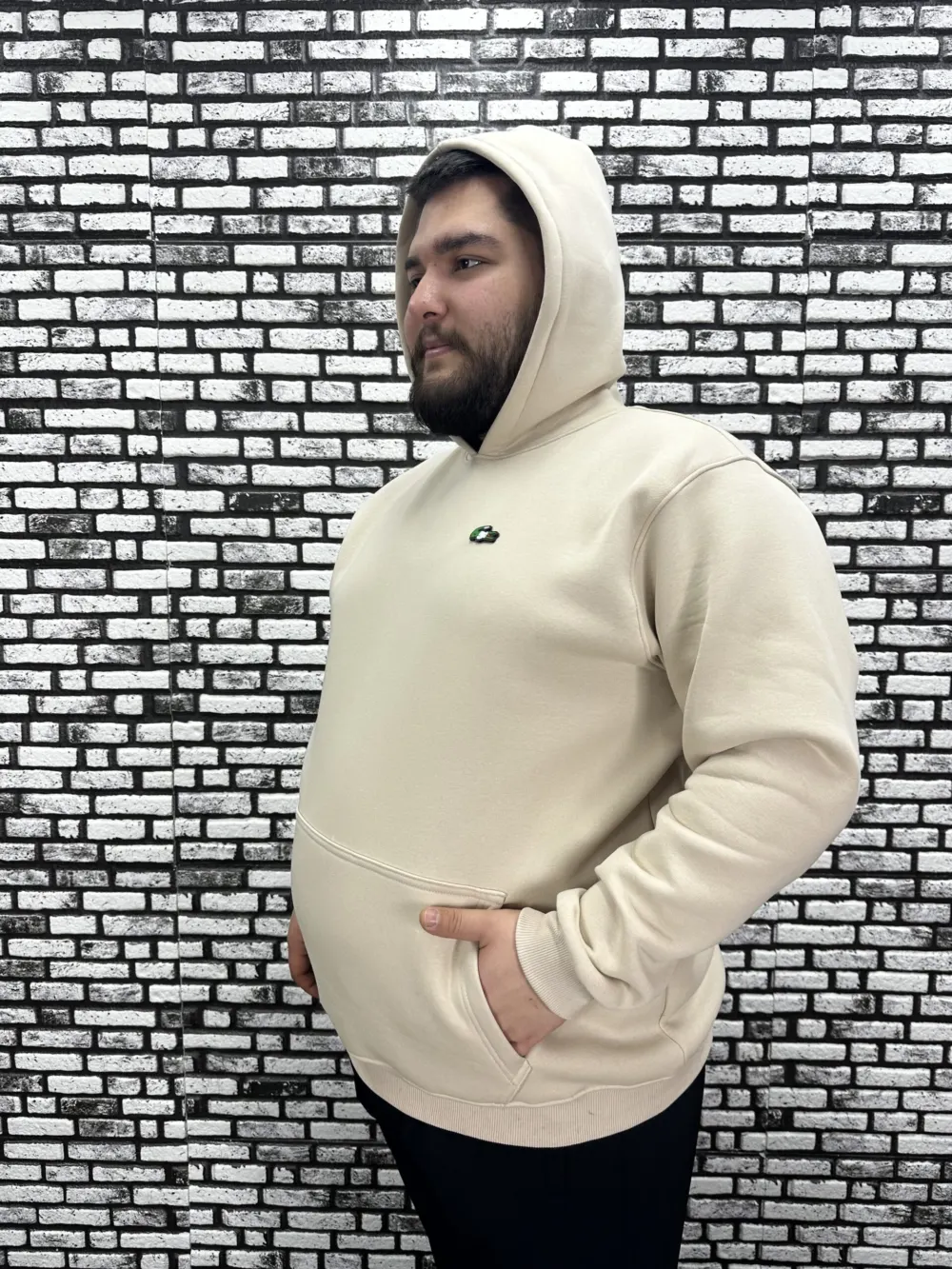 Büyük Beden Erkek 3 İplik Şardonlu Kapüşonlu Kanguru Cepli Dikiş Amblem Sweat 5 Renk