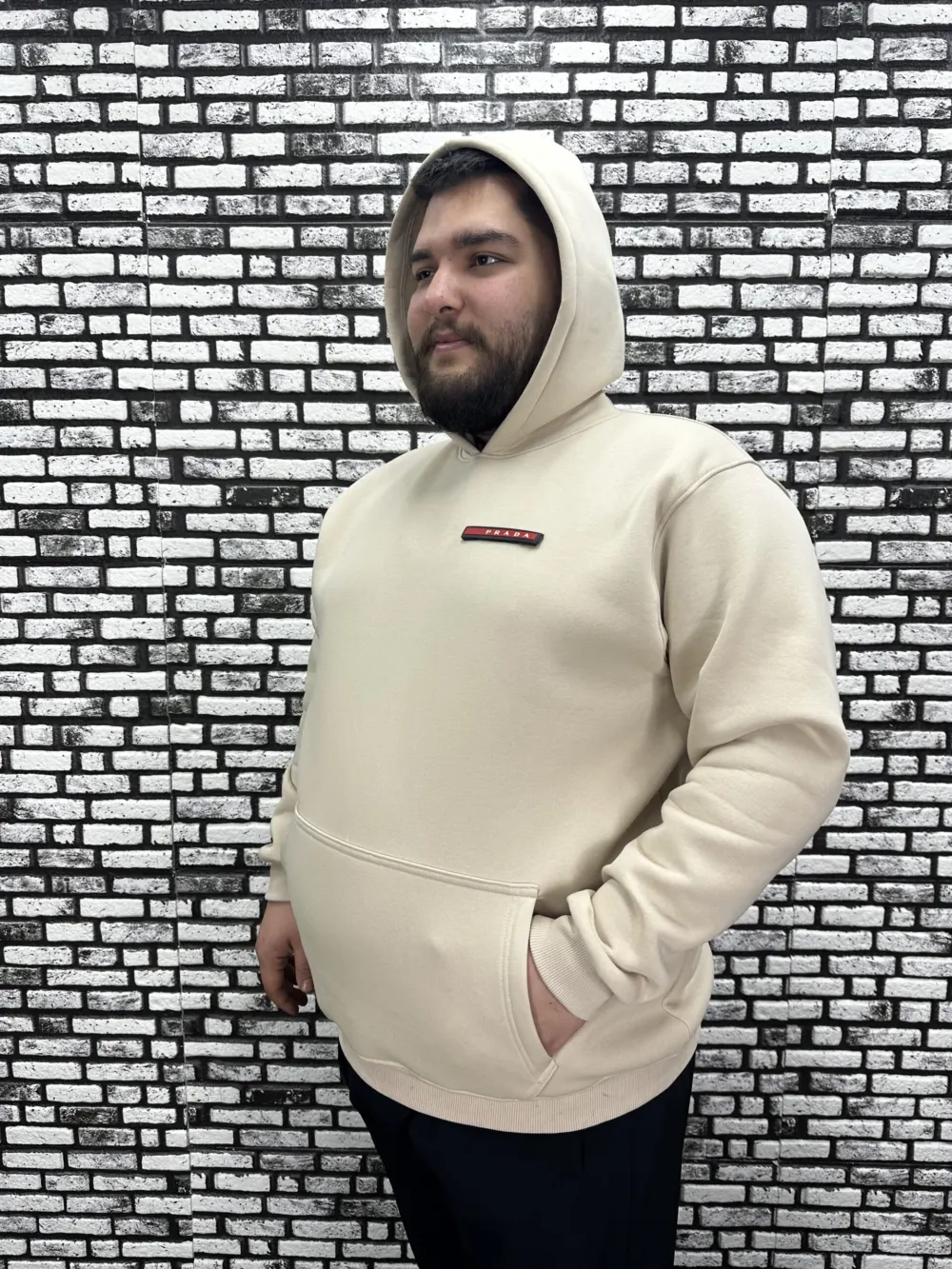 Büyük Beden Erkek 3 İplik Şardonlu Kapüşonlu Kanguru Cepli Dikiş Amblem Sweat 5 Renk