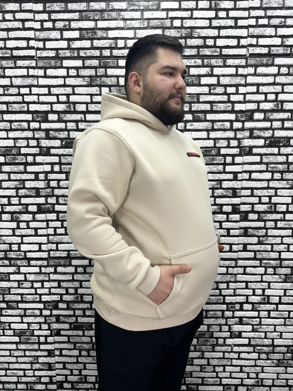 Büyük Beden Erkek 3 İplik Şardonlu Kapüşonlu Kanguru Cepli Dikiş Amblem Sweat 5 Renk