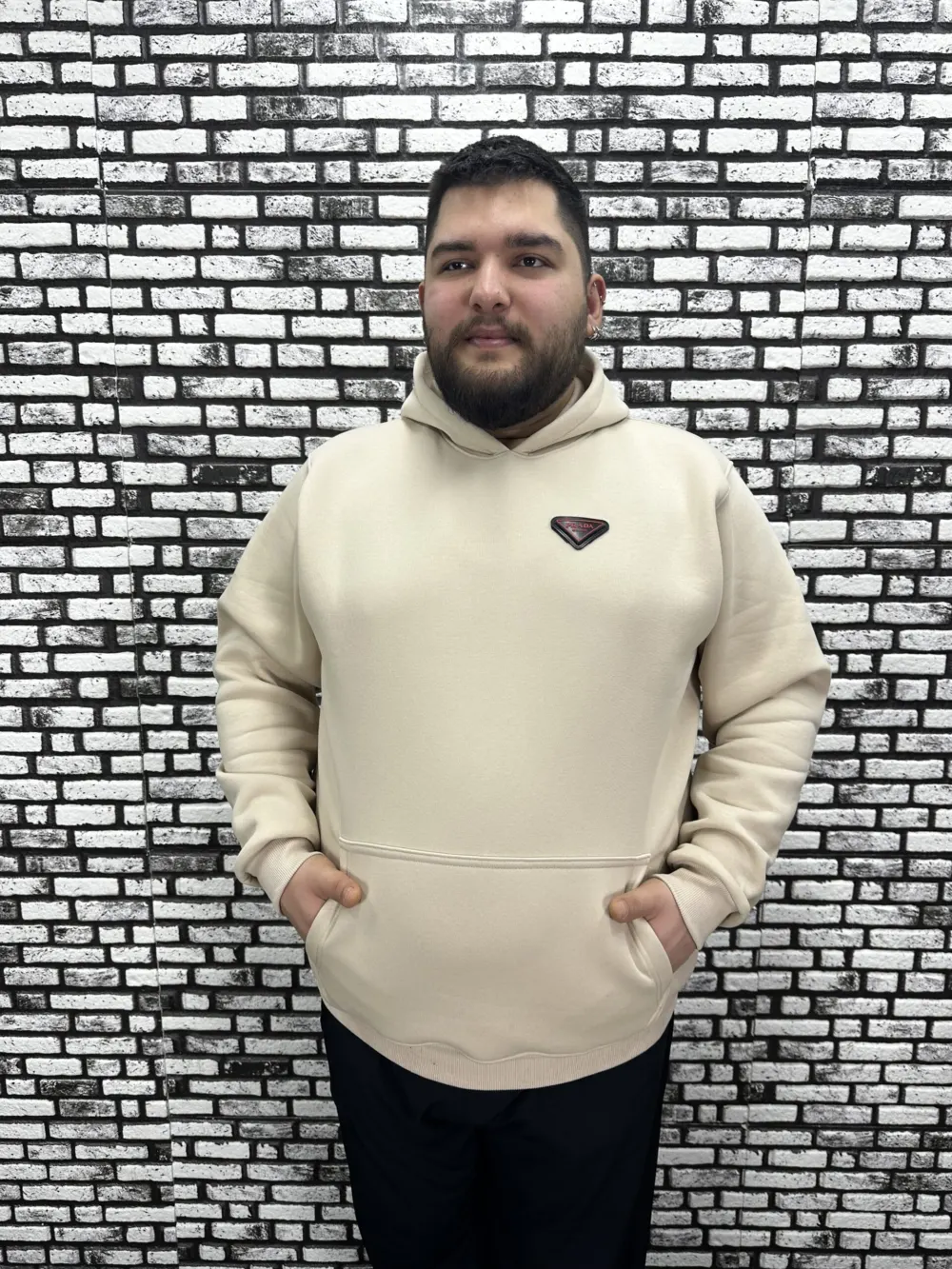 Büyük Beden Erkek 3 İplik Şardonlu Kapüşonlu Kanguru Cepli Dikiş Amblem Sweat 5 Renk