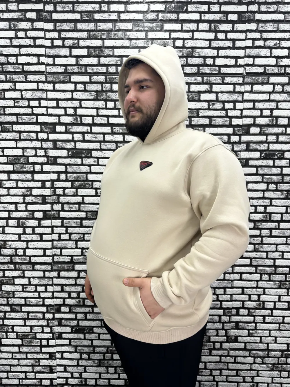 Büyük Beden Erkek 3 İplik Şardonlu Kapüşonlu Kanguru Cepli Dikiş Amblem Sweat 5 Renk