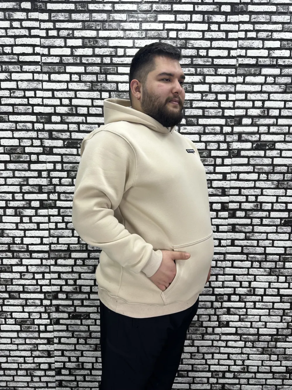 Büyük Beden Erkek 3 İplik Şardonlu Kapüşonlu Kanguru Cepli Dikiş Amblem Sweat 5 Renk