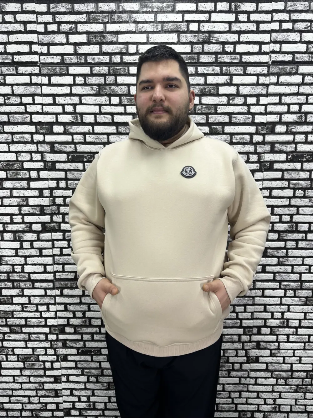 Büyük Beden Erkek 3 İplik Şardonlu Kapüşonlu Kanguru Cepli Dikiş Amblem Sweat 5 Renk