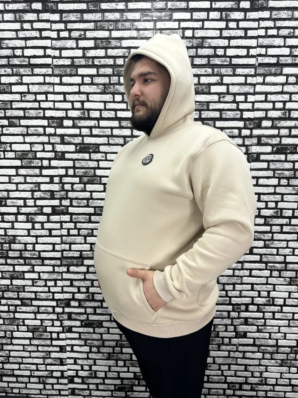 Büyük Beden Erkek 3 İplik Şardonlu Kapüşonlu Kanguru Cepli Dikiş Amblem Sweat 5 Renk