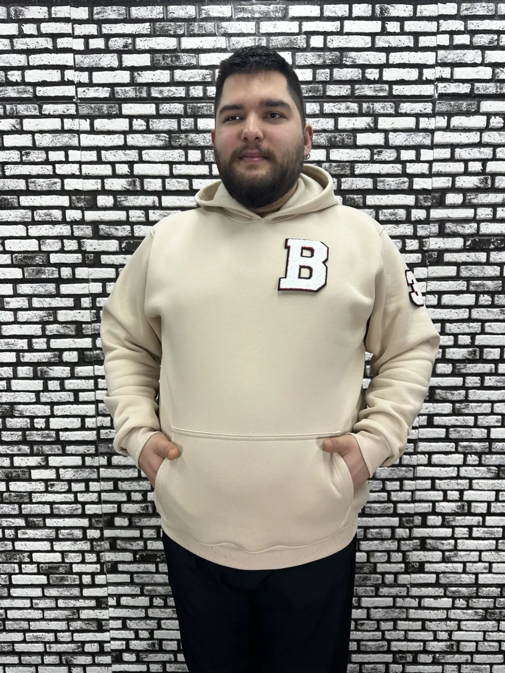 Büyük Beden Erkek 3 İplik Şardonlu Kapüşonlu Kanguru Cepli Dikiş Amblem Sweat 5 Renk