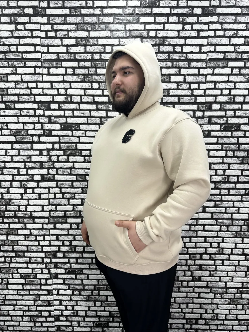 Büyük Beden Erkek 3 İplik Şardonlu Kapüşonlu Kanguru Cepli Dikiş Amblem Sweat 5 Renk