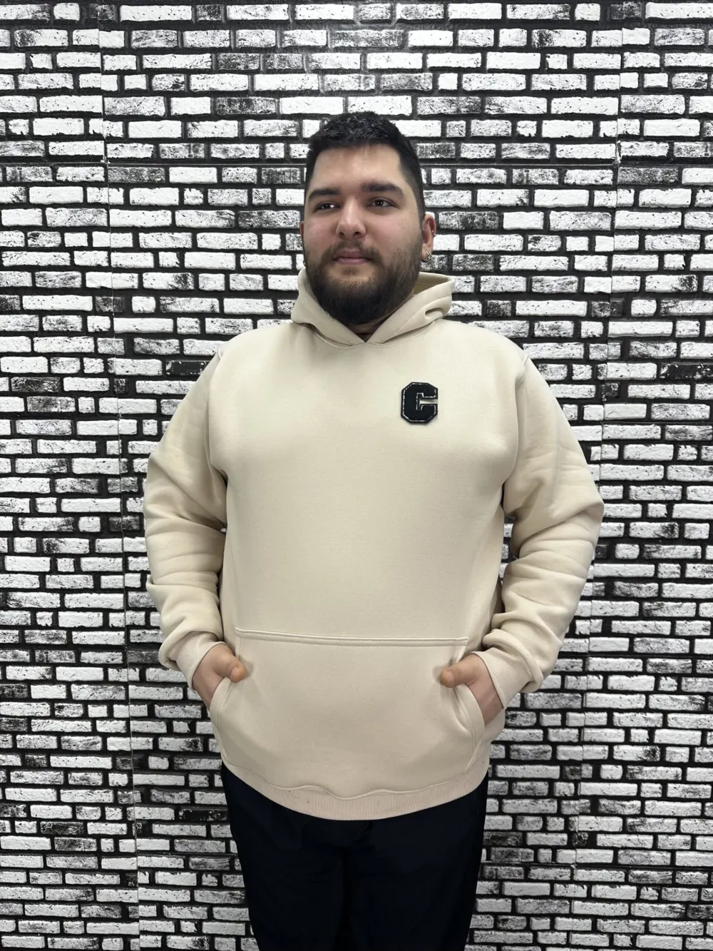 Büyük Beden Erkek 3 İplik Şardonlu Kapüşonlu Kanguru Cepli Dikiş Amblem Sweat 5 Renk