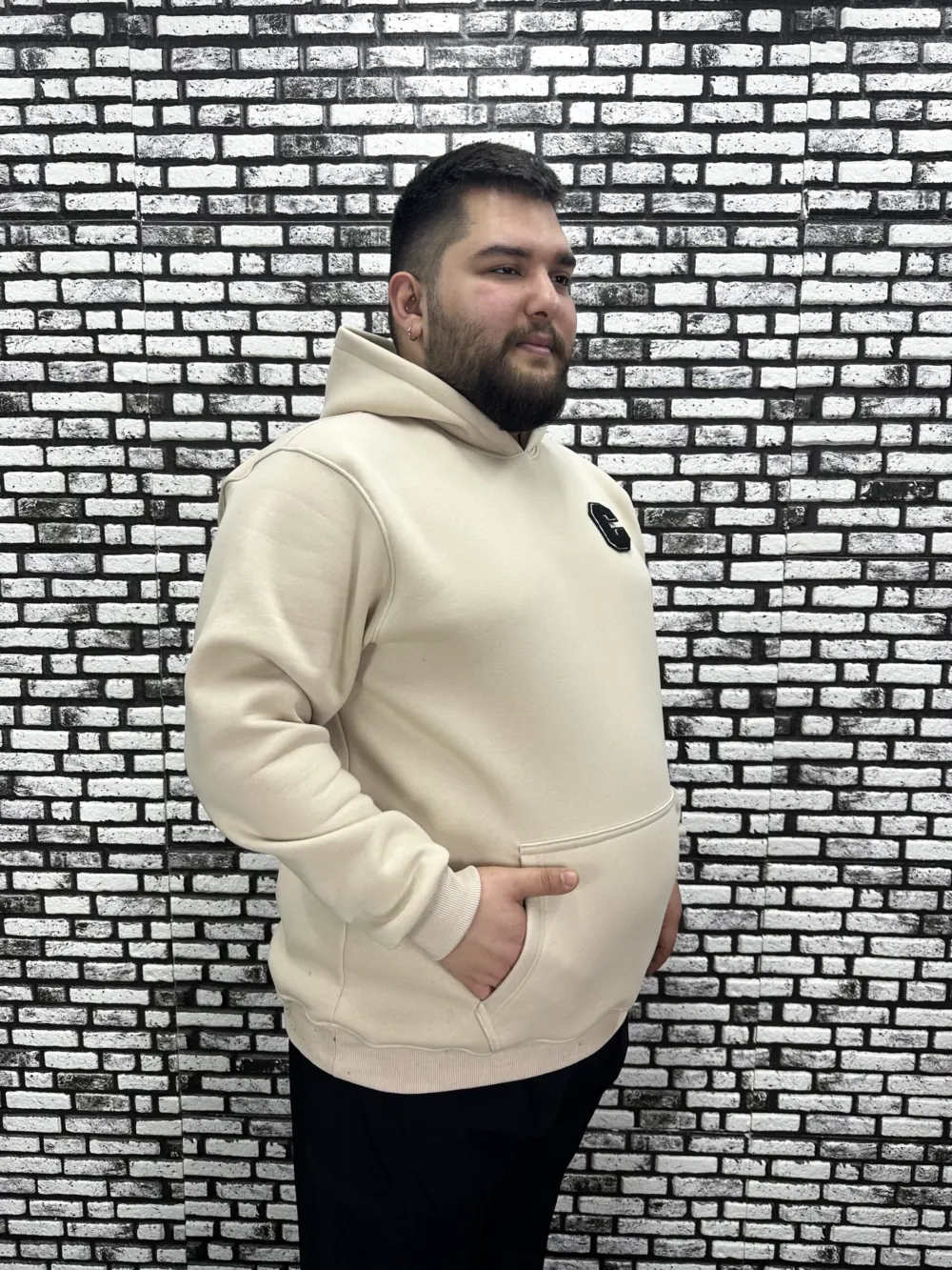 Büyük Beden Erkek 3 İplik Şardonlu Kapüşonlu Kanguru Cepli Dikiş Amblem Sweat 5 Renk