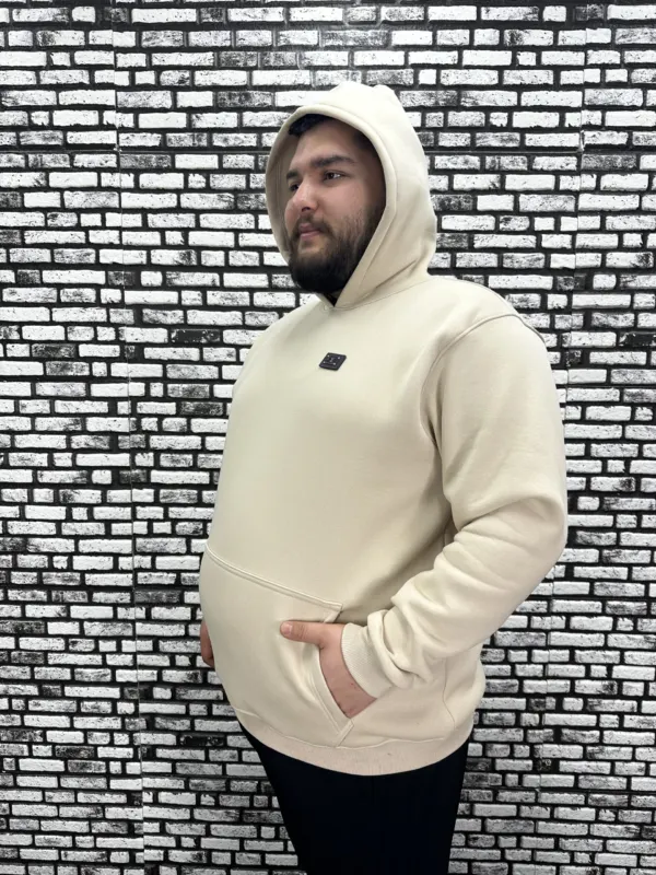 Büyük Beden Erkek 3 İplik Şardonlu Kapüşonlu Kanguru Cepli Dikiş Amblem Sweat 5 Renk