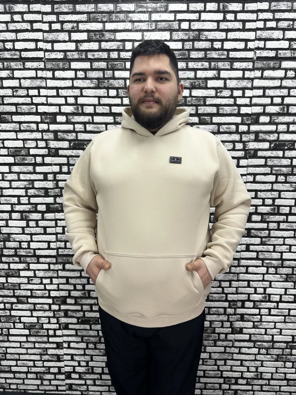 Büyük Beden Erkek 3 İplik Şardonlu Kapüşonlu Kanguru Cepli Dikiş Amblem Sweat 5 Renk