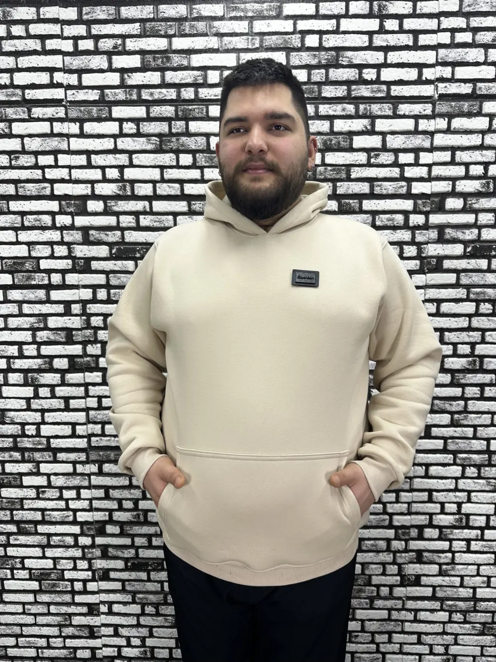 Büyük Beden Erkek 3 İplik Şardonlu Kapüşonlu Kanguru Cepli Dikiş Amblem Sweat 5 Renk