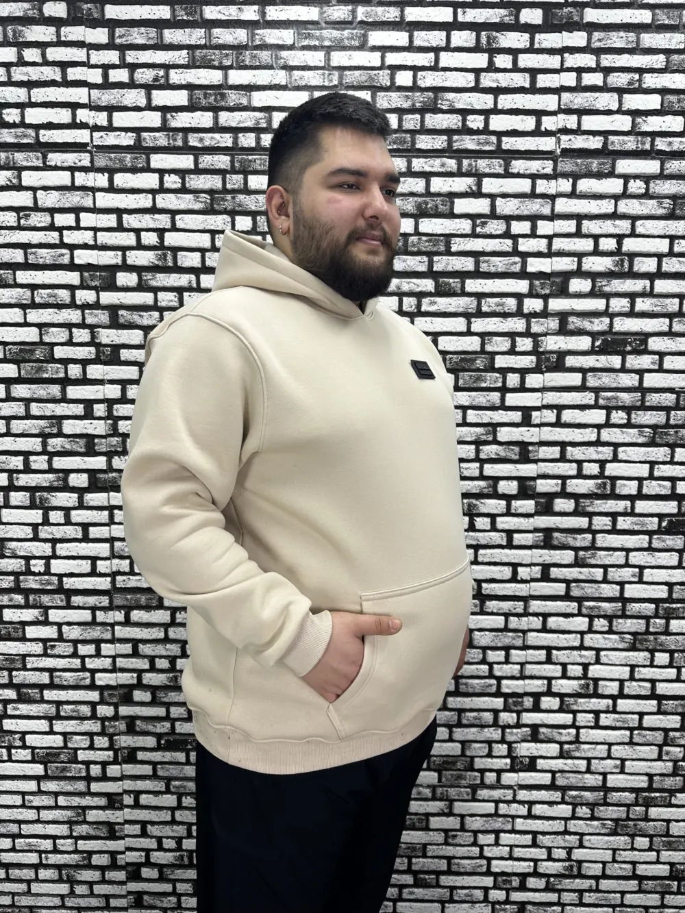 Büyük Beden Erkek 3 İplik Şardonlu Kapüşonlu Kanguru Cepli Dikiş Amblem Sweat 5 Renk