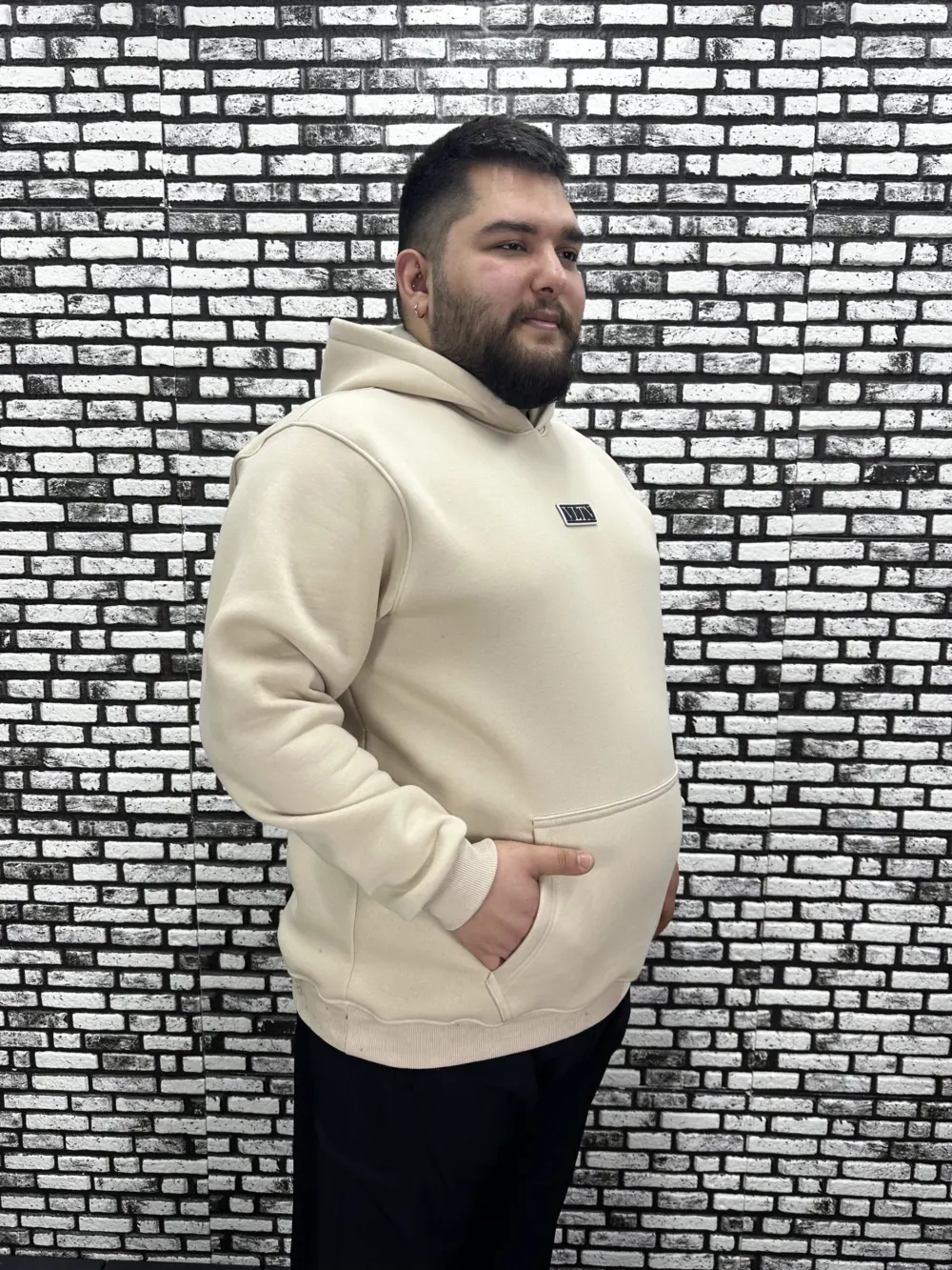 Büyük Beden Erkek 3 İplik Şardonlu Kapüşonlu Kanguru Cepli Dikiş Amblem Sweat 5 Renk