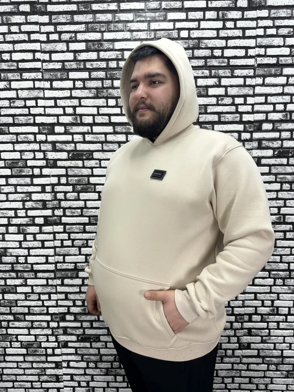 Büyük Beden Erkek 3 İplik Şardonlu Kapüşonlu Kanguru Cepli Dikiş Amblem Sweat 5 Renk